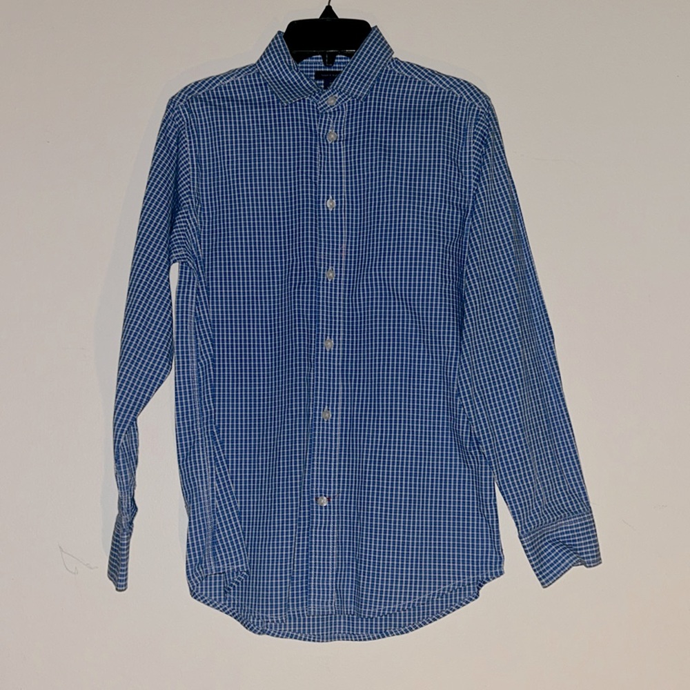 Blue and white tiny flannel button up shirt